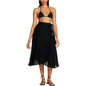 Vitamin A Womens M Black Linen Wrap Tie Waist Lana Midi Skirt Lagenlook Swim NWT